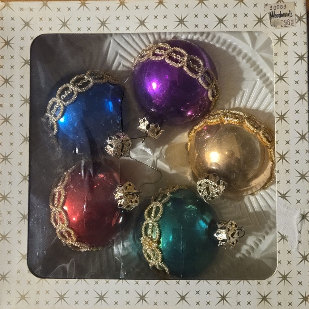 Vintage West Germany Glass Christmas‎ Ornaments Set of 5 Jewel Tones Gold Trim